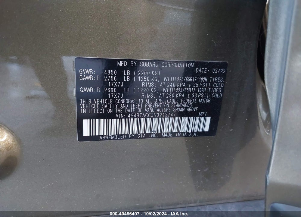2022 SUBARU OUTBACK PREMIUM VIN: 4S4BTACC3N3213747