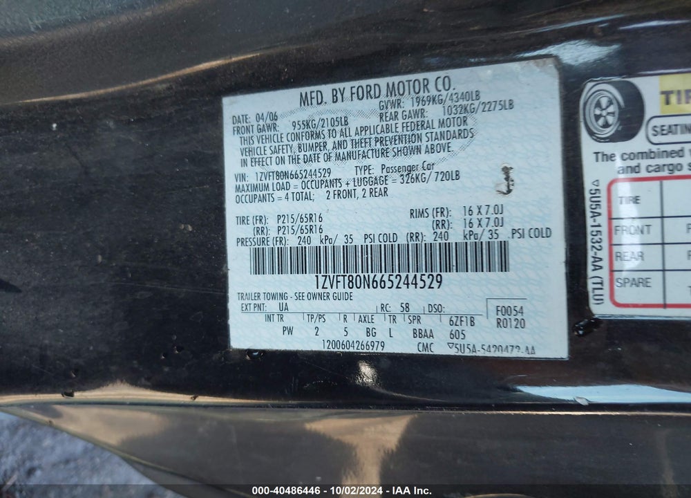 2006 FORD MUSTANG V6 VIN: 1ZVFT80N665244529