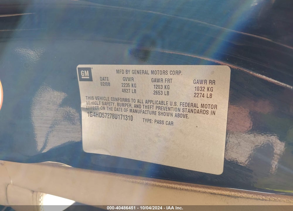 2008 BUICK LUCERNE CXL VIN: 1G4HD57278U171310