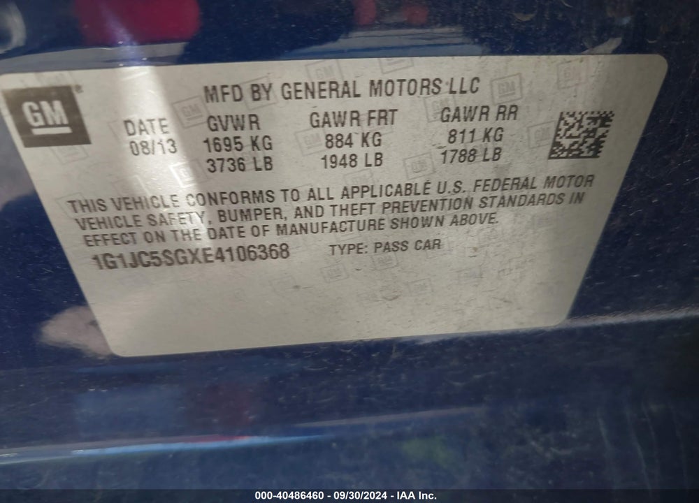 2014 CHEVROLET SONIC LT AUTO VIN: 1G1JC5SGXE4106368