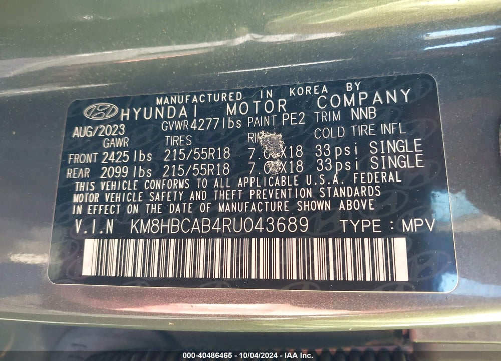 2024 HYUNDAI KONA SEL VIN: KM8HBCAB4RU043689