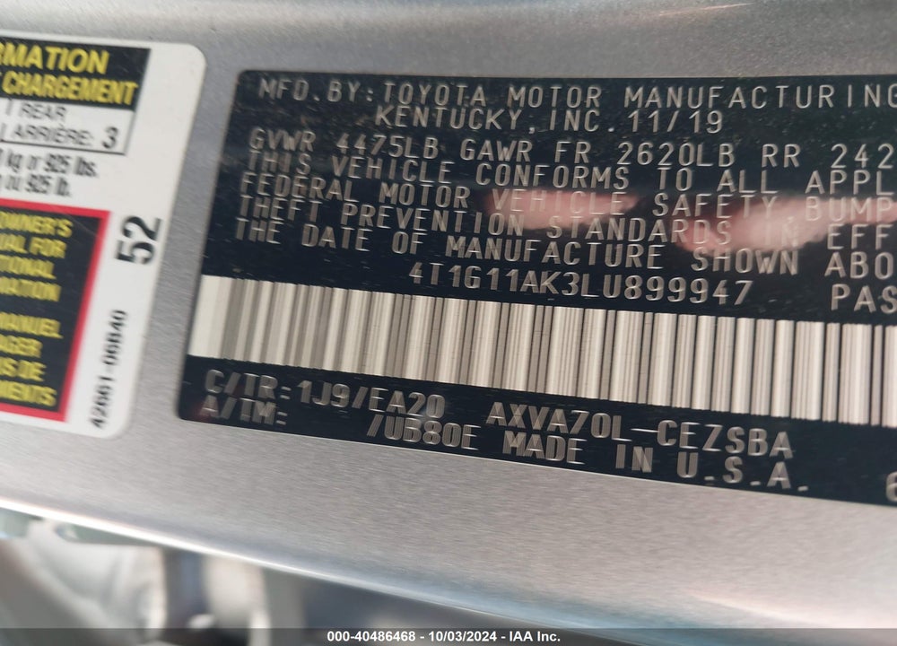 2020 TOYOTA CAMRY SE VIN: 4T1G11AK3LU899947