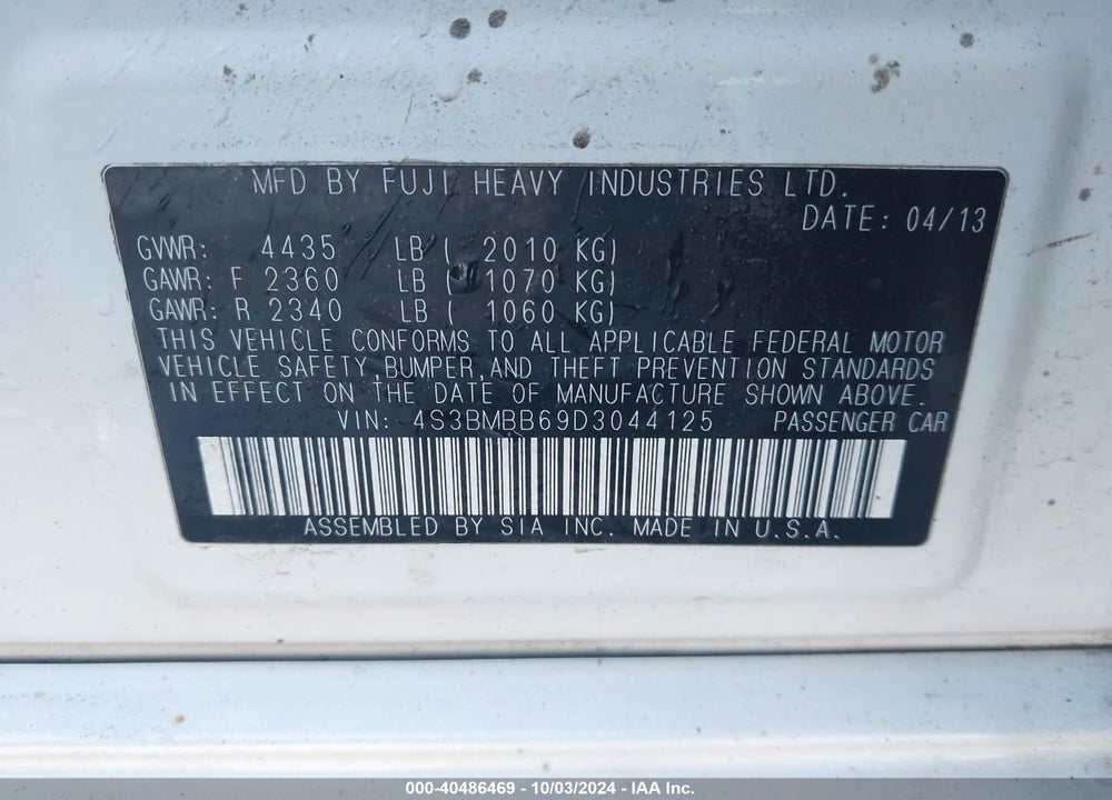 2013 SUBARU LEGACY 2.5I PREMIUM VIN: 4S3BMBB69D3044125