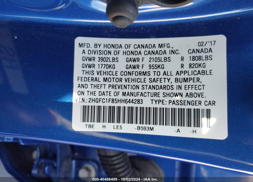 2017 HONDA CIVIC EX-L VIN: 2HGFC1F85HH644283