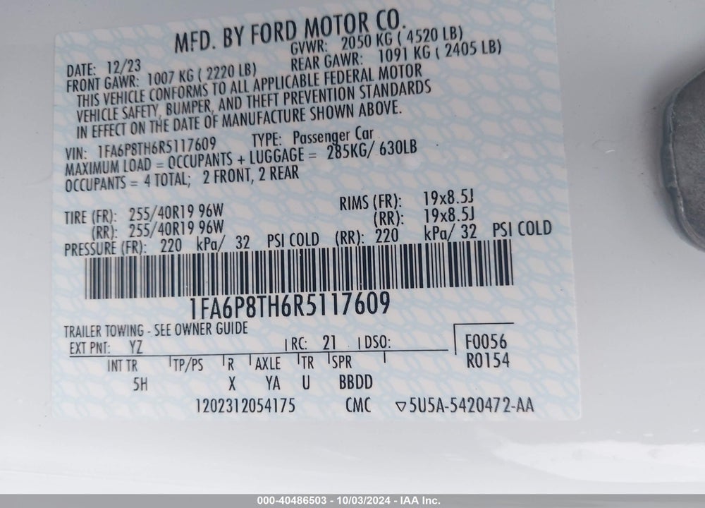 2024 FORD MUSTANG VIN: 1FA6P8TH6R5117609