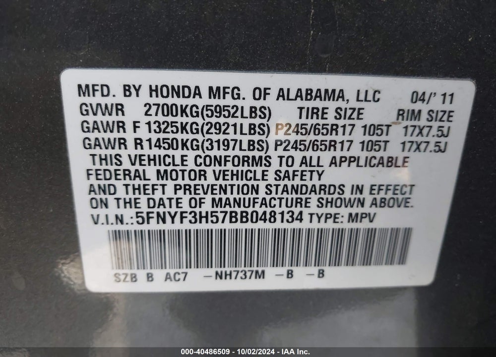 2011 HONDA PILOT EX-L VIN: 5FNYF3H57BB048134