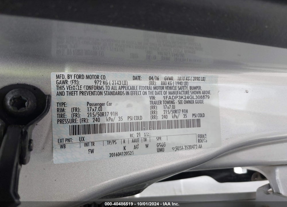 2016 FORD FOCUS SE VIN: 1FADP3K24GL308879