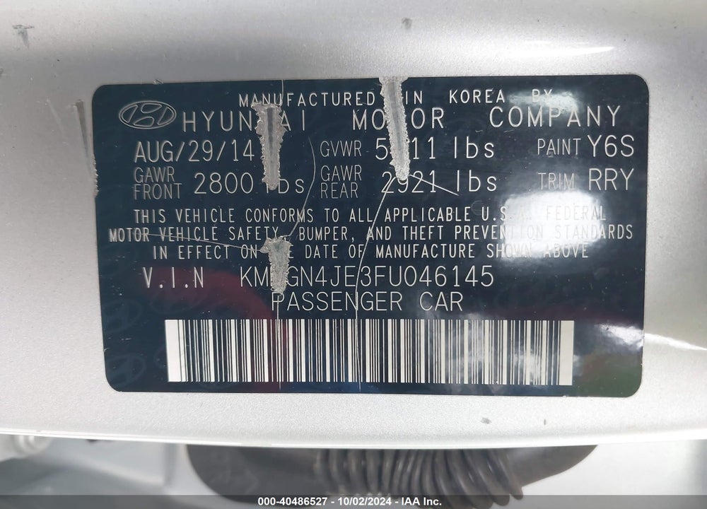 2015 HYUNDAI GENESIS 3.8 VIN: KMHGN4JE3FU046145