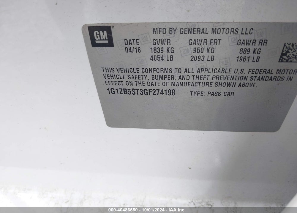 2016 CHEVROLET MALIBU LS VIN: 1G1ZB5ST3GF274198