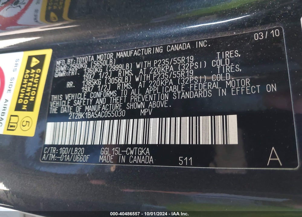 2010 LEXUS RX 350 VIN: 2T2BK1BA5AC055030