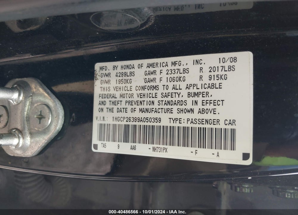 2009 HONDA ACCORD 2.4 LX VIN: 1HGCP26399A050359
