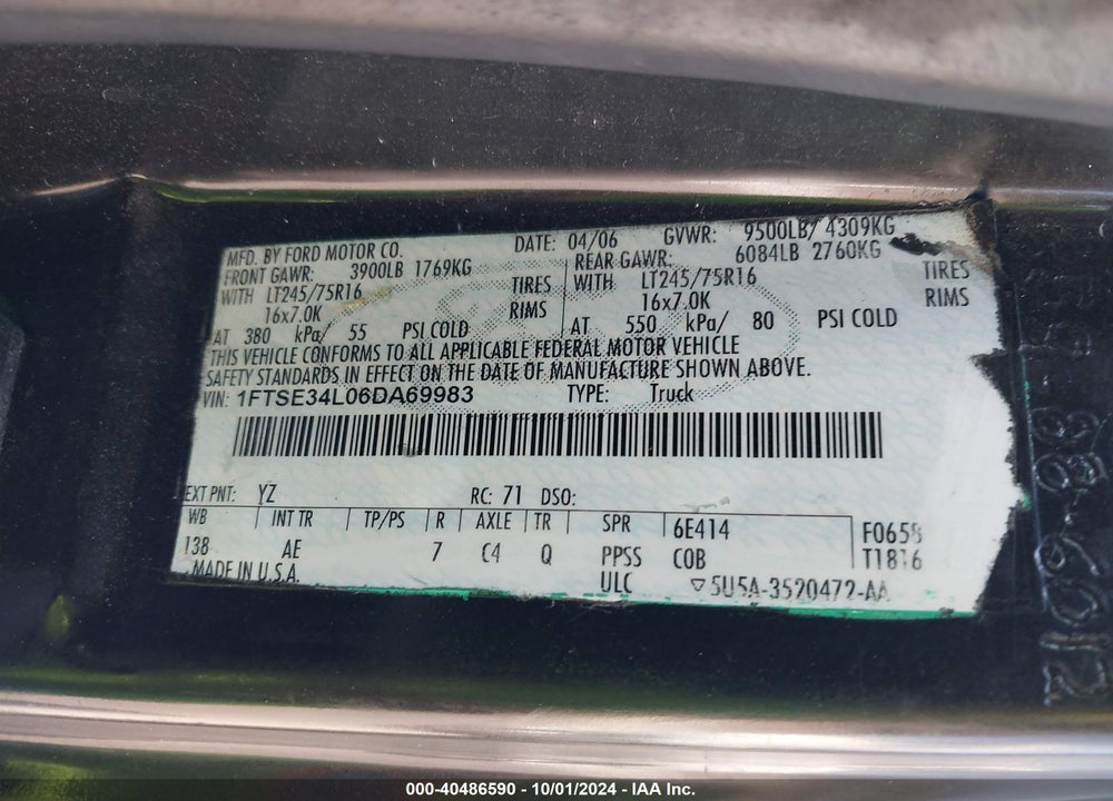 2006 FORD E-350 SUPER DUTY COMMERCIAL/RECREATIONAL VIN: 1FTSE34L06DA69983