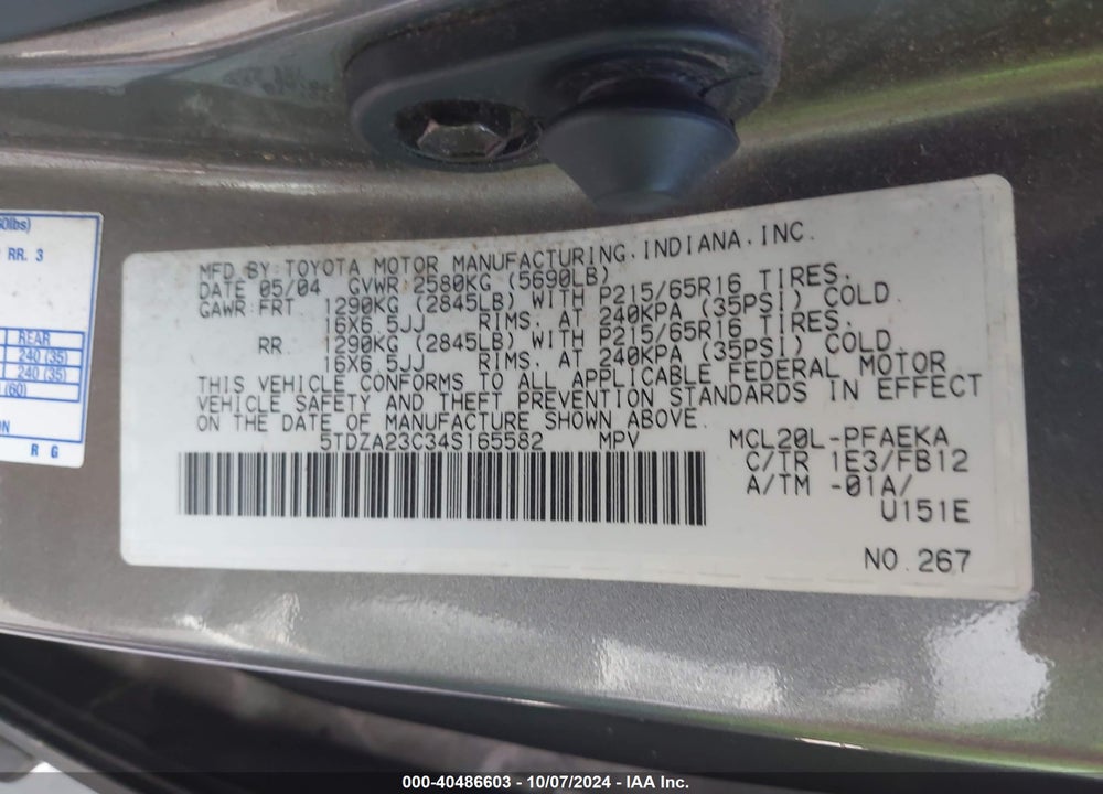 2004 TOYOTA SIENNA LE VIN: 5TDZA23C34S165582