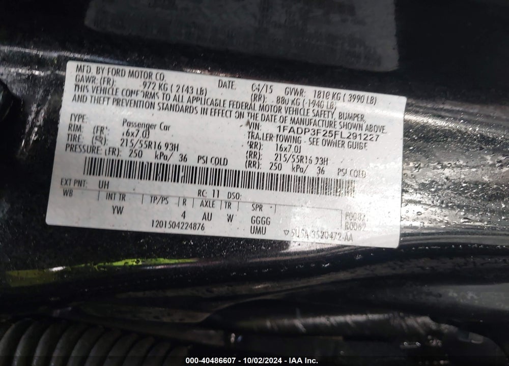 2015 FORD FOCUS SE VIN: 1FADP3F25FL291227