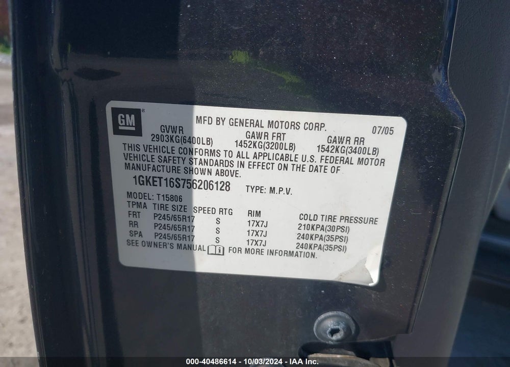 2005 GMC ENVOY XL SLE VIN: 1GKET16S756206128