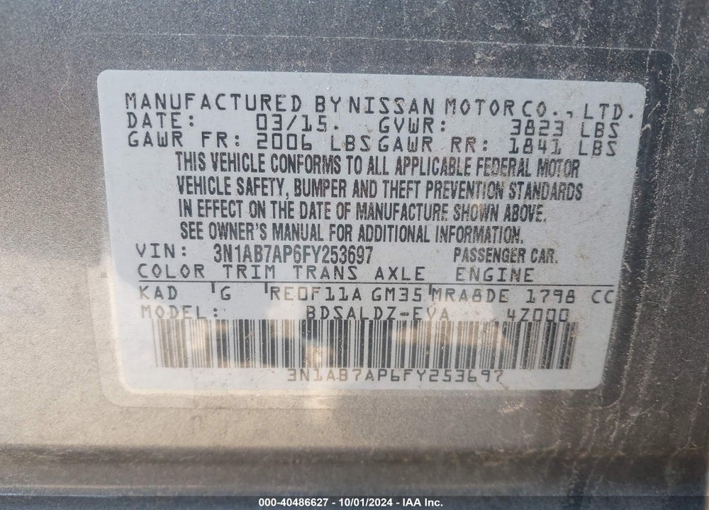 2015 NISSAN SENTRA SV VIN: 3N1AB7AP6FY253697