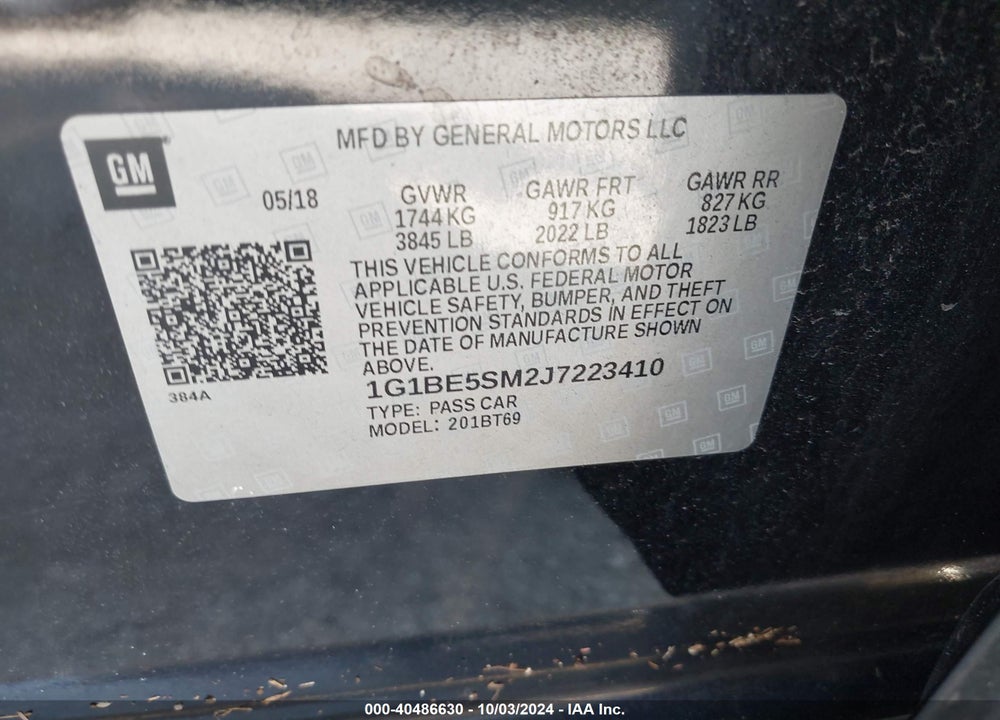2018 CHEVROLET CRUZE LT AUTO VIN: 1G1BE5SM2J7223410