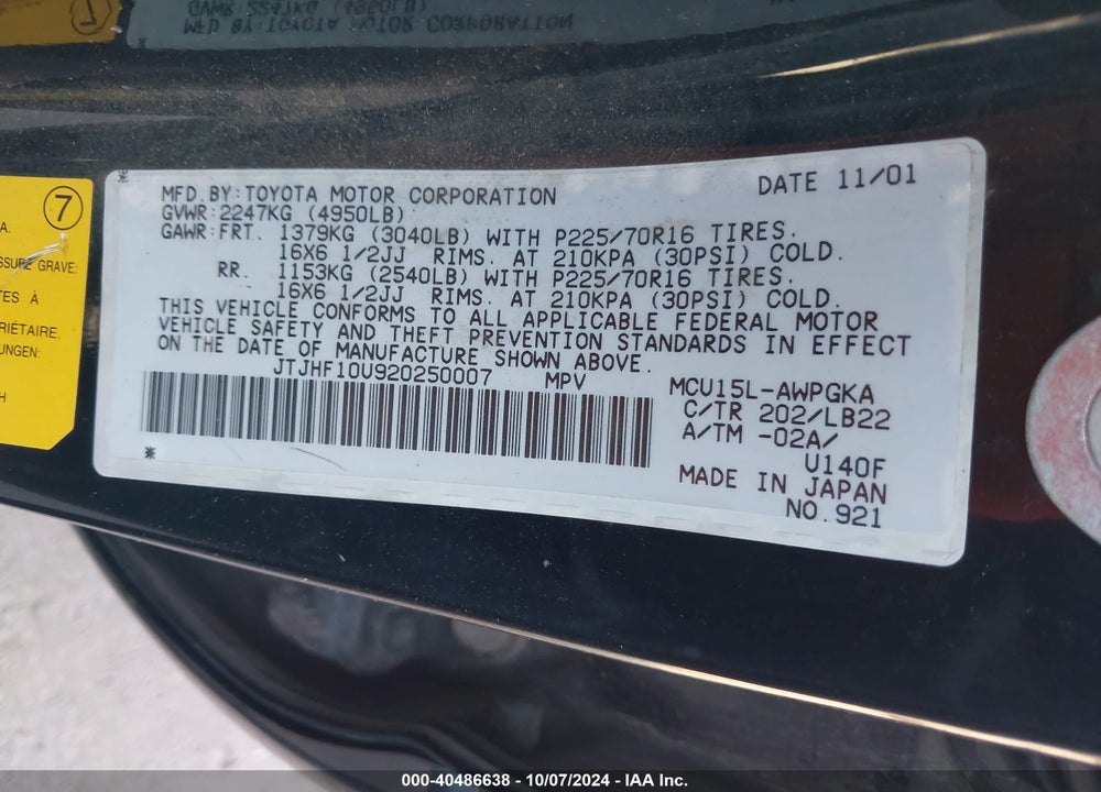 2002 LEXUS RX 300 VIN: JTJHF10U920250007