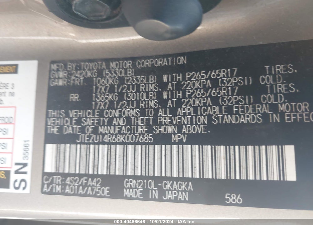 2008 TOYOTA 4RUNNER SR5 V6 VIN: JTEZU14R68K007685