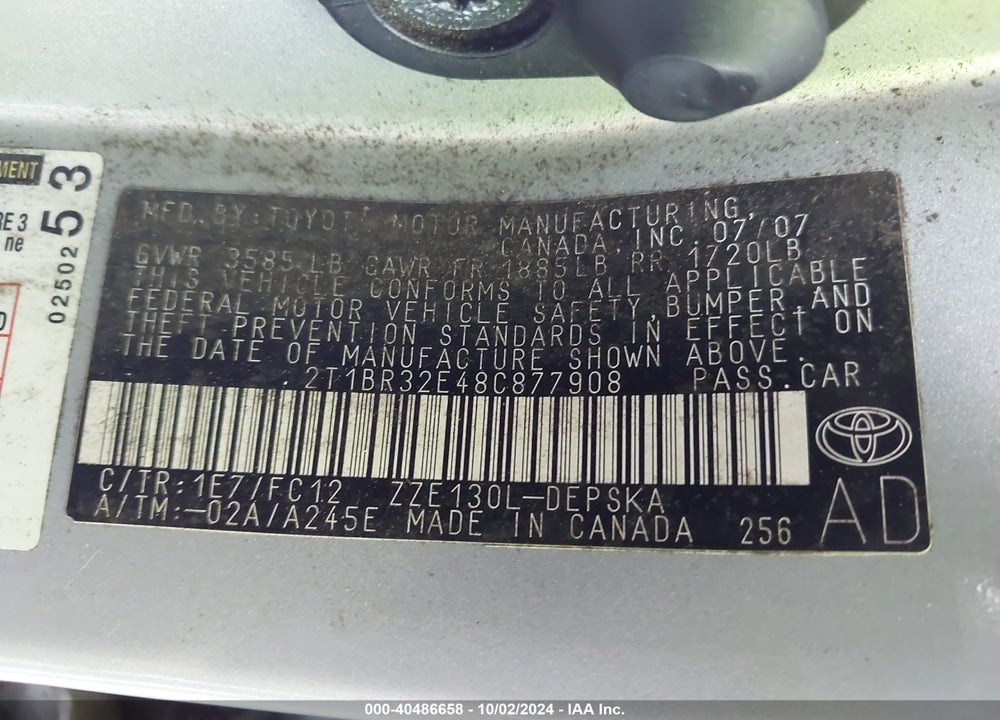 2008 TOYOTA COROLLA S VIN: 2T1BR32E48C877908