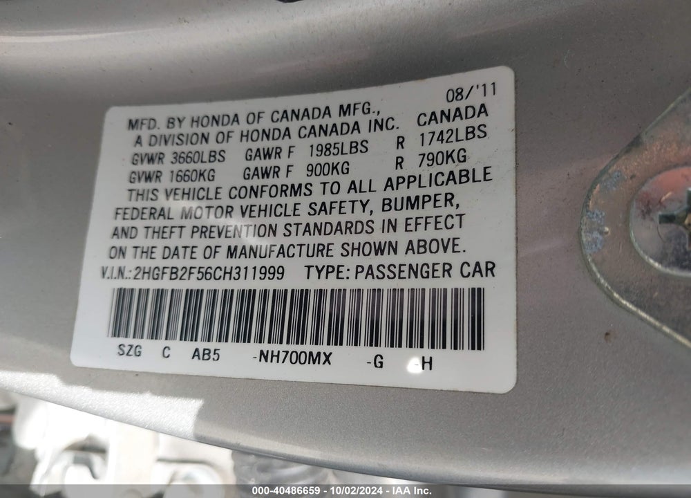 2012 HONDA CIVIC LX VIN: 2HGFB2F56CH311999