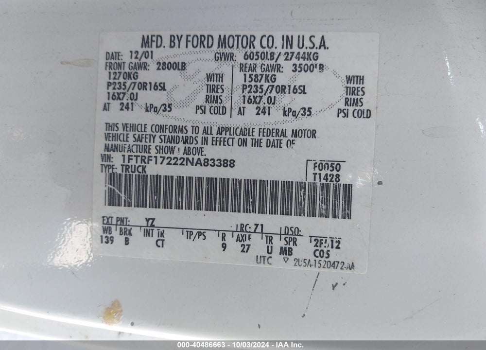 2002 FORD F-150 XL/XLT VIN: 1FTRF17222NA83388
