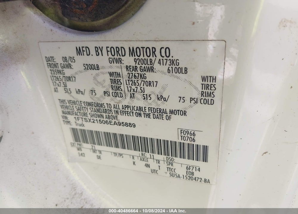 2006 FORD F-250 LARIAT/XL/XLT VIN: 1FTSX21506EA95889