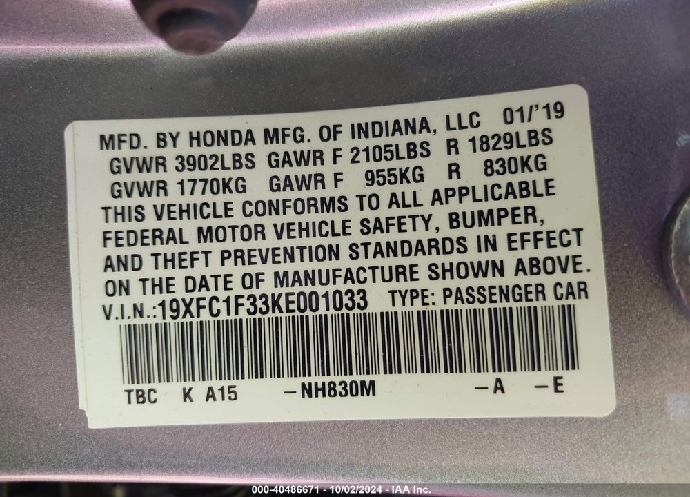 2019 HONDA CIVIC EX VIN: 19XFC1F33KE001033
