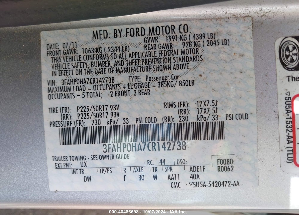 2012 FORD FUSION SE VIN: 3FAHP0HA7CR142738