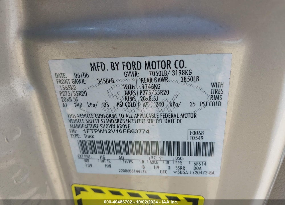 2006 FORD F-150 LARIAT/XLT VIN: 1FTPW12V16FB63774
