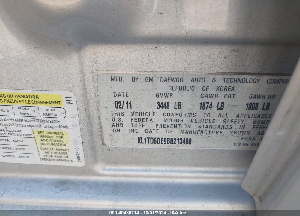 2011 CHEVROLET AVEO 1LT VIN: KL1TD6DE9BB213490