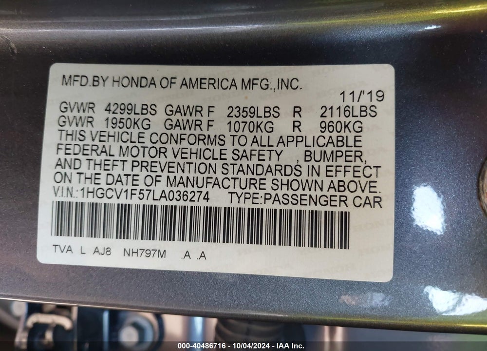 2020 HONDA ACCORD EX-L VIN: 1HGCV1F57LA036274