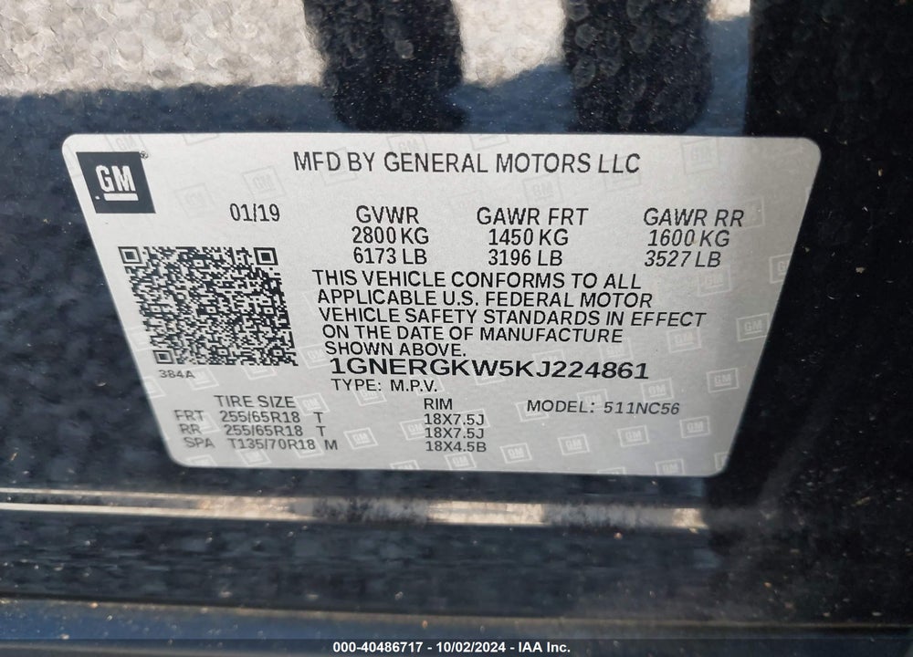 2019 CHEVROLET TRAVERSE 1LT VIN: 1GNERGKW5KJ224861