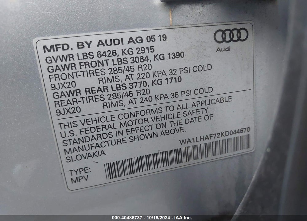 2019 AUDI Q7 45 PREMIUM/45 SE PREMIUM VIN: WA1LHAF72KD044670