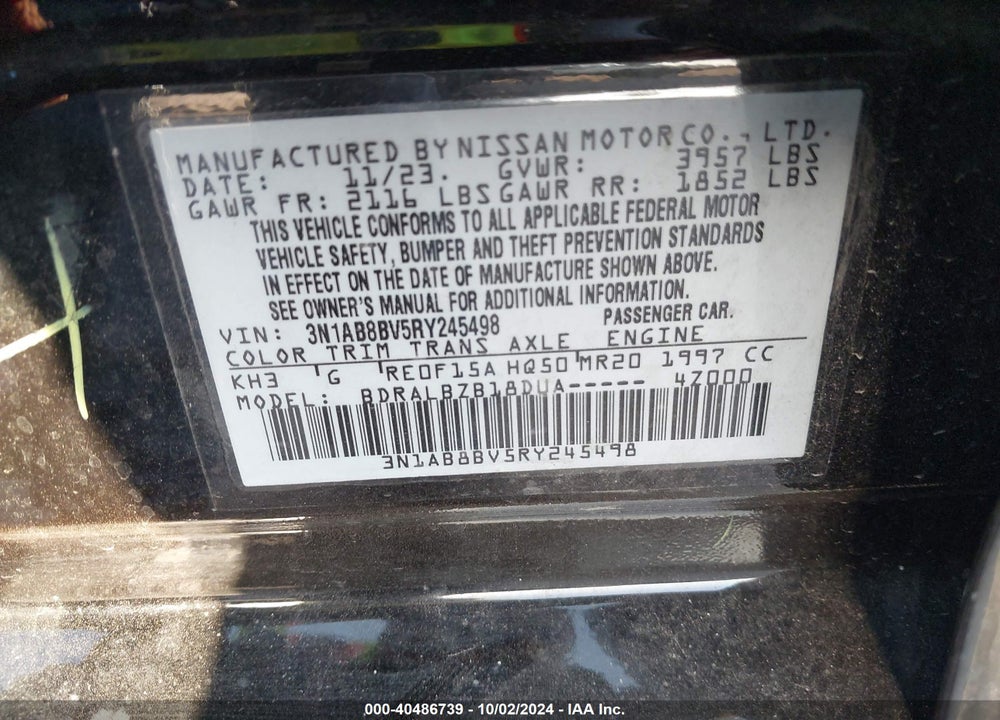 2024 NISSAN SENTRA S XTRONIC CVT VIN: 3N1AB8BV5RY245498