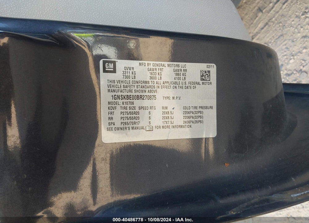 2011 CHEVROLET TAHOE LT VIN: 1GNSKBE00BR270875