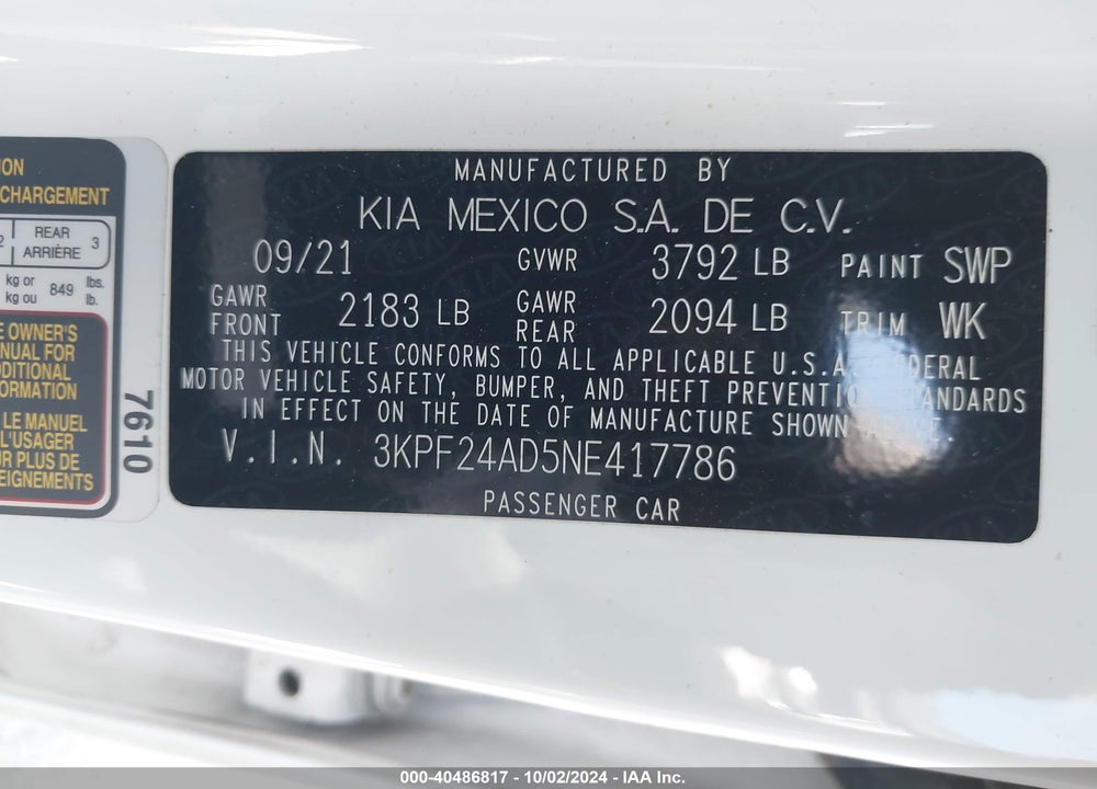 2022 KIA FORTE LXS VIN: 3KPF24AD5NE417786