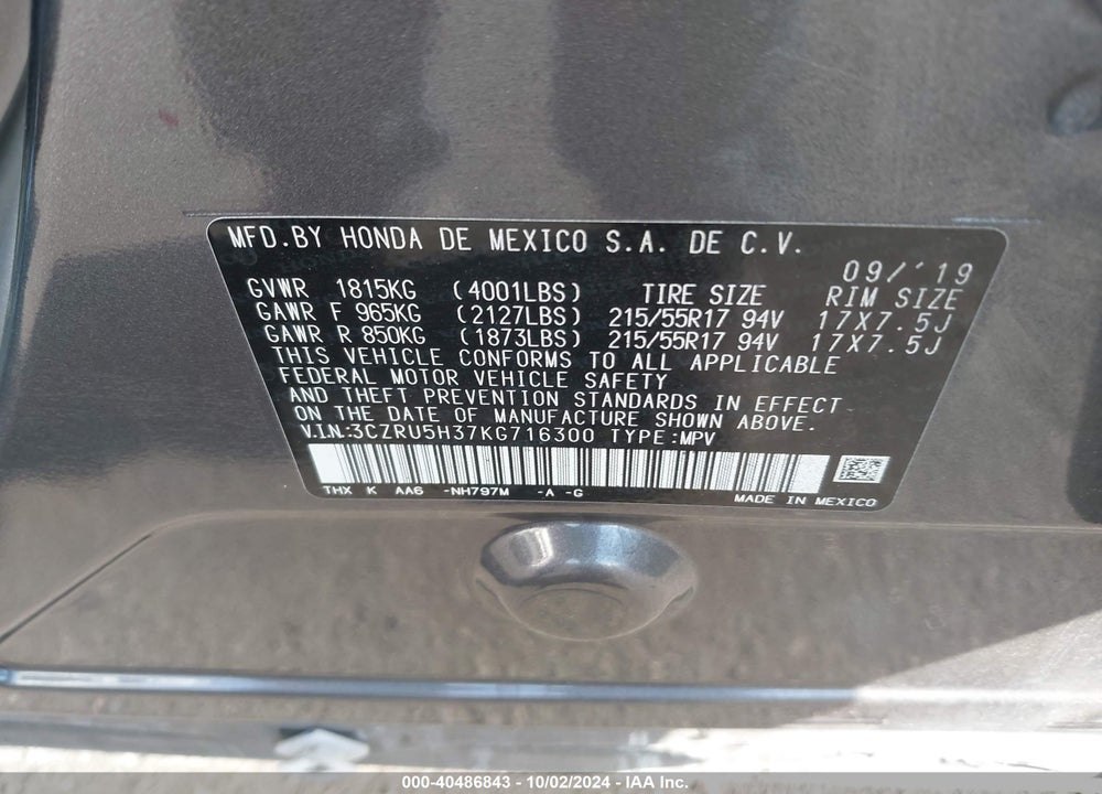 2019 HONDA HR-V LX VIN: 3CZRU5H37KG716300