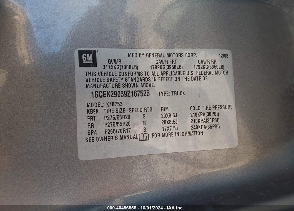 2009 CHEVROLET SILVERADO 1500 LT VIN: 1GCEK29039Z167525