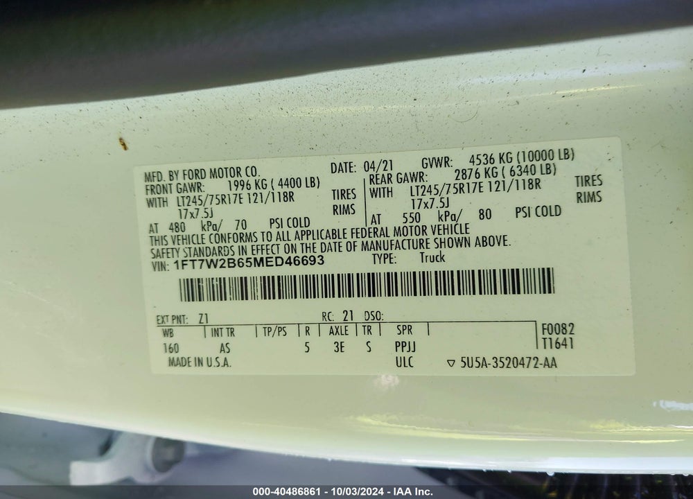 2021 FORD F-250 XL VIN: 1FT7W2B65MED46693