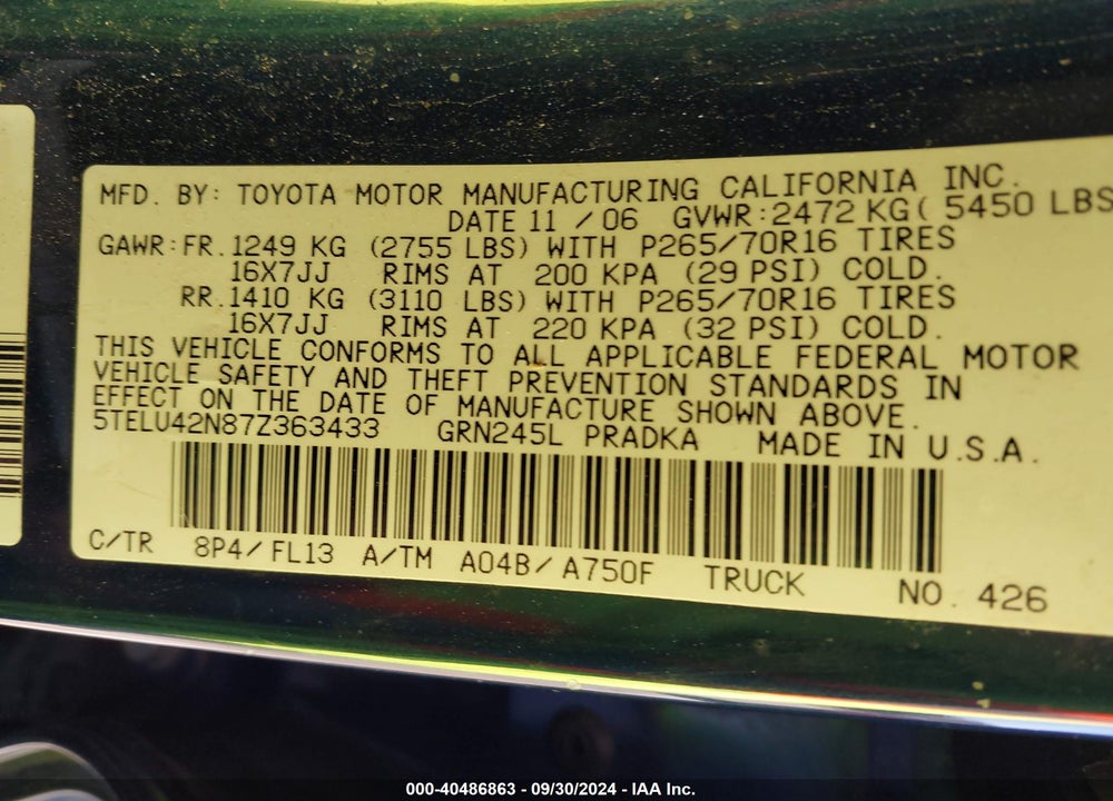2007 TOYOTA TACOMA BASE V6 VIN: 5TELU42N87Z363433