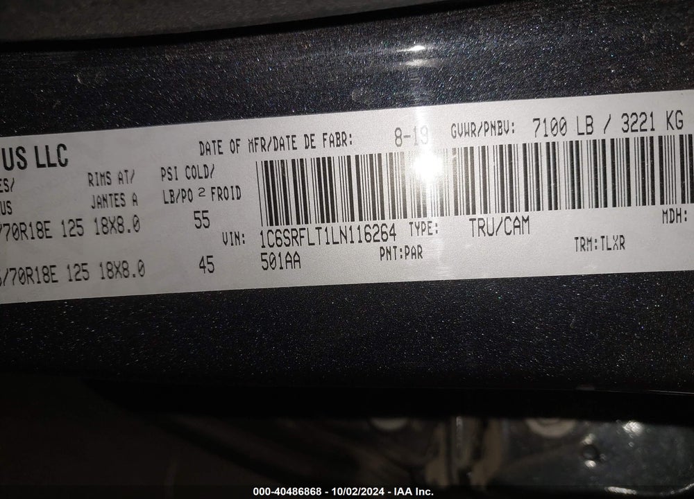 2020 RAM 1500 REBEL VIN: 1C6SRFLT1LN116264