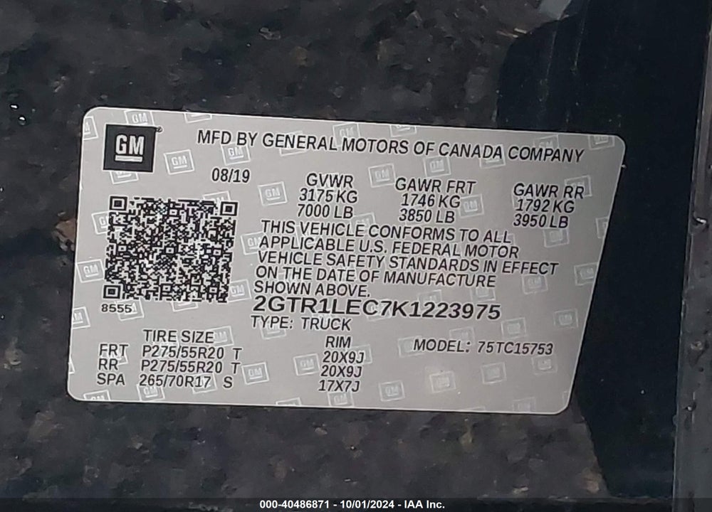2019 GMC SIERRA 1500 LIMITED VIN: 2GTR1LEC7K1223975