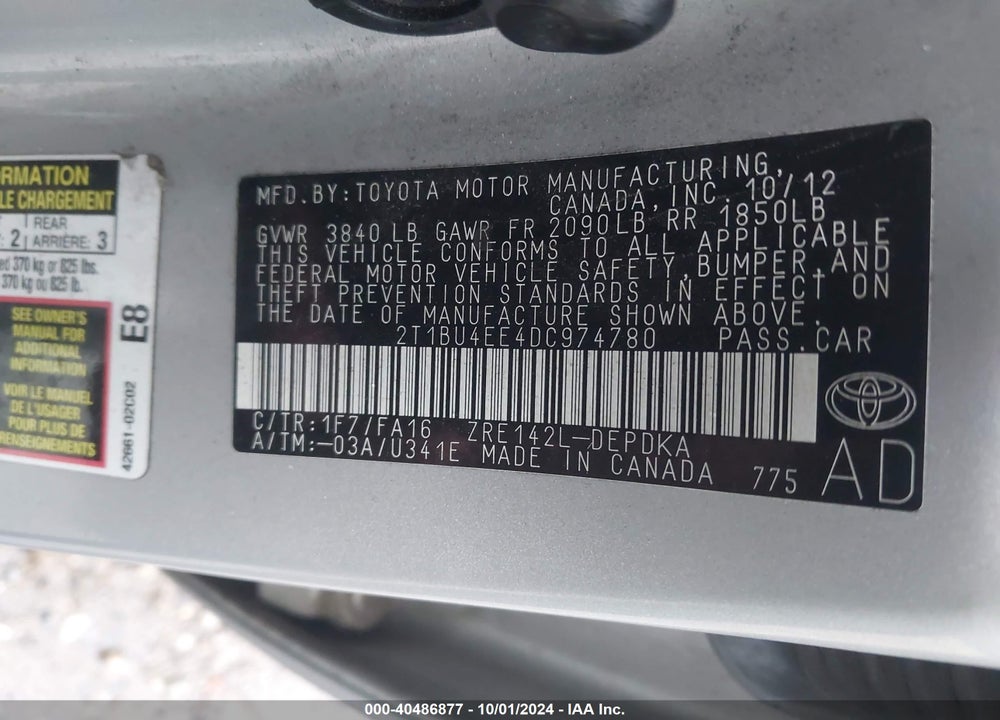 2013 TOYOTA COROLLA L VIN: 2T1BU4EE4DC974780