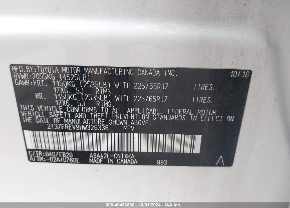 2017 TOYOTA RAV4 VIN: 2T3ZFREV9HW326336