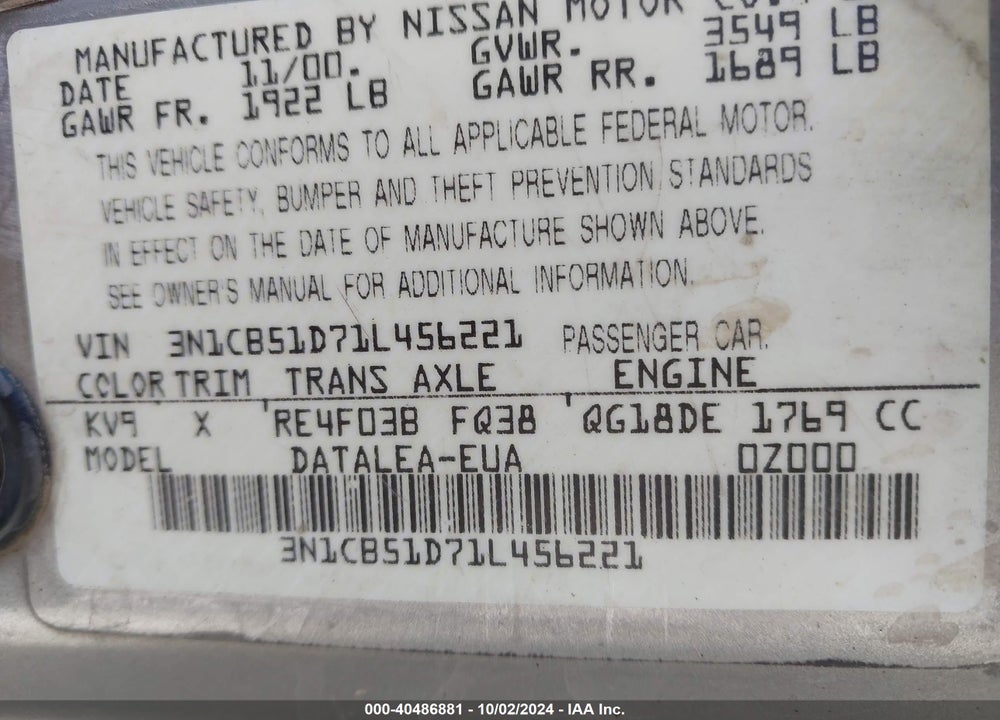 2001 NISSAN SENTRA GXE VIN: 3N1CB51D71L456221