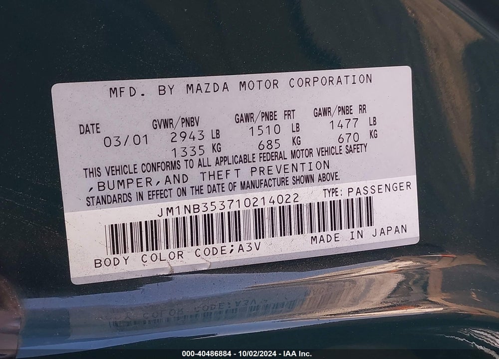 2001 MAZDA MX-5 MIATA LS/SPECIAL EDITION VIN: JM1NB353710214022
