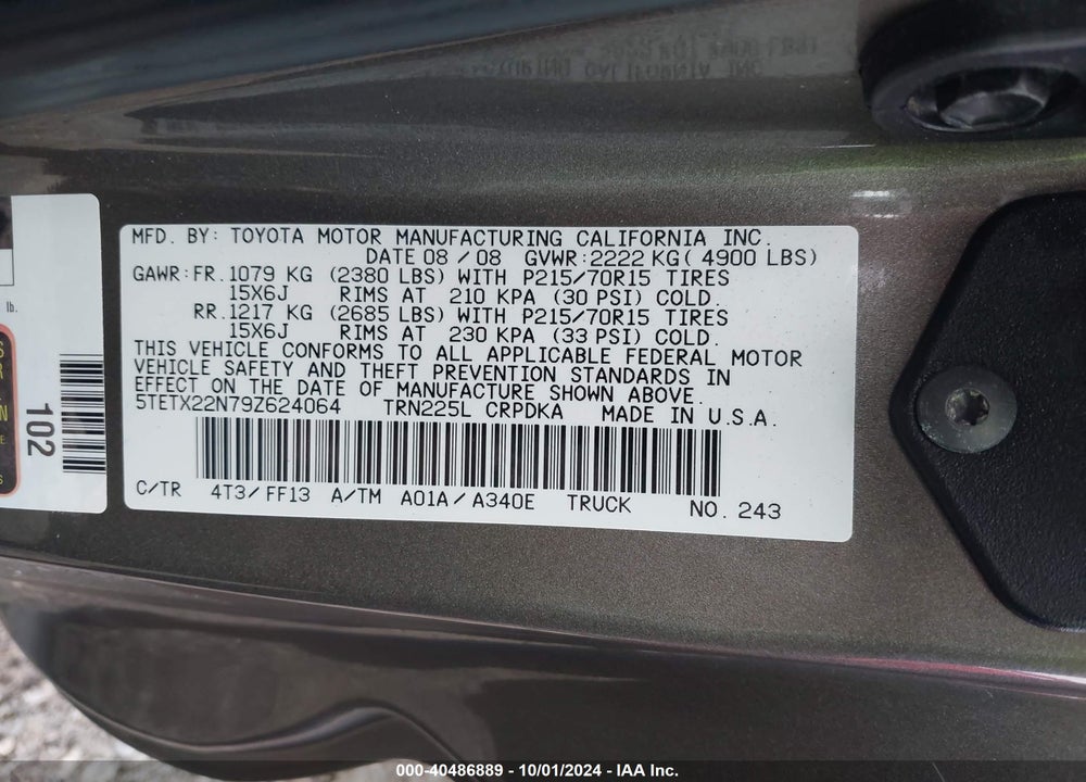 2009 TOYOTA TACOMA VIN: 5TETX22N79Z624064