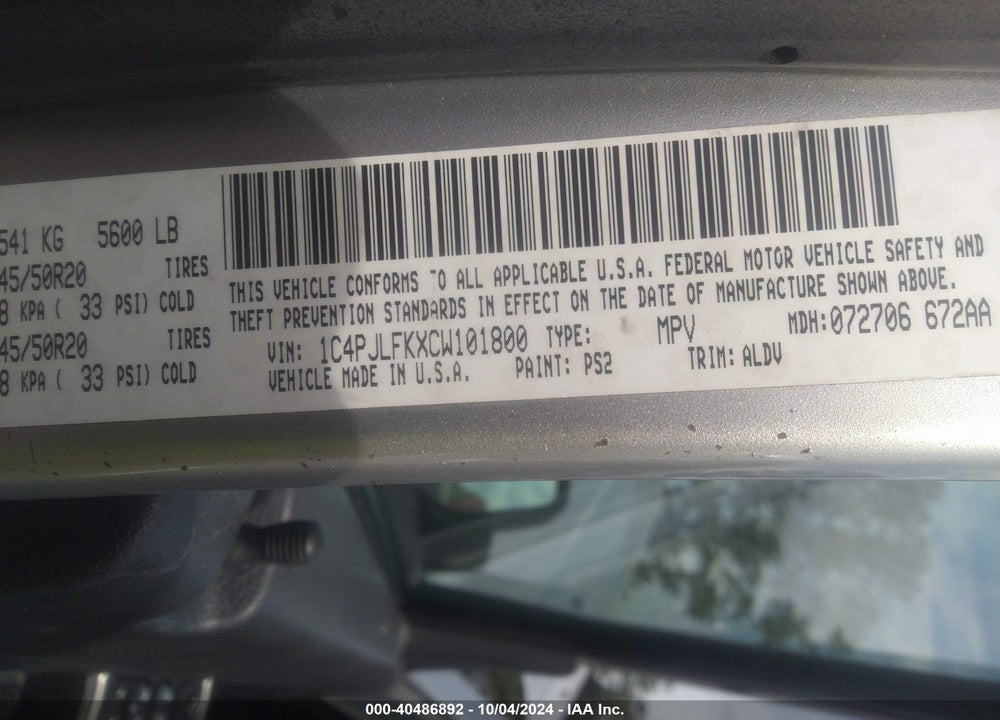 2012 JEEP LIBERTY LIMITED JET EDITION VIN: 1C4PJLFKXCW101800