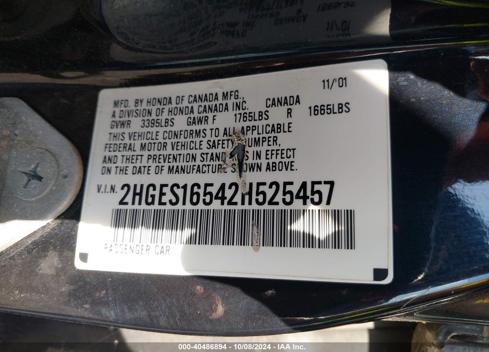 2002 HONDA CIVIC LX VIN: 2HGES16542H525457
